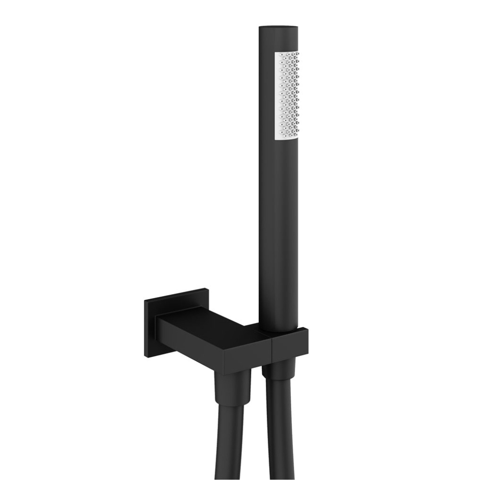 Product cut out image of the Abacus Emotion Matt Black Handset with Hose, Square Wall Outlet & Holder